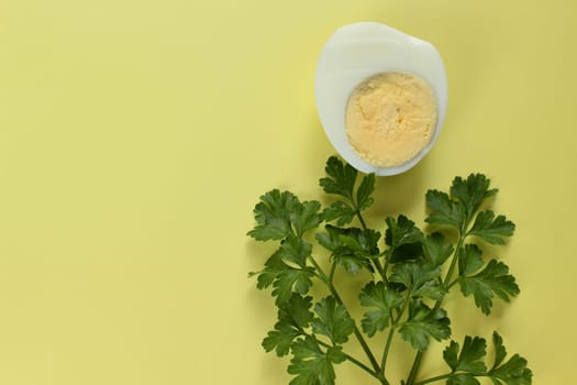 Green parsley and a boiled chicken egg on a yellow background. High quality photo