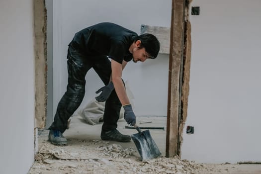 One young handsome Caucasian man, standing bent over, collects construction waste from the floor using a shovel, side view close-up.
