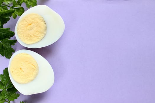 Boiled chicken egg and parsley on a purple pink background. High quality photo