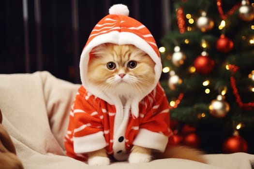 A cat in Christmas costume against a merry holiday background with Christmas tree.