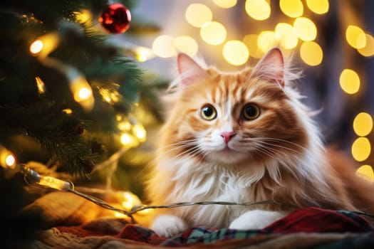 A cute cat poses against a Christmas background, adorned with twinkling lights and a festive tree