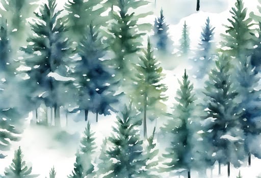 Beautiful watercolor illustration of coniferous forest, christmas fir, winter nature, holiday background, conifer, snow, isolated on white background Generate AI