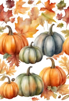 Watercolor pumpkin and autumn leaves. Harvest composition. Happy thanksgiving day isolated on white background vertical Generate AI