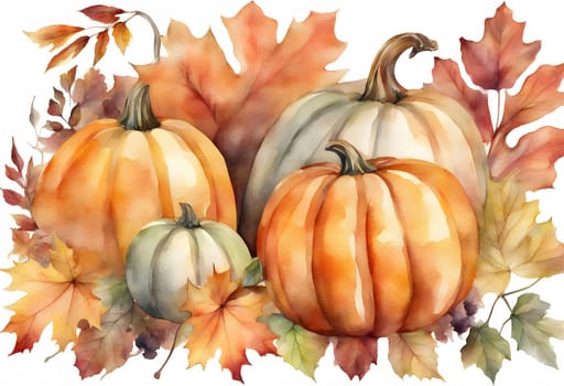 Watercolor pumpkin and autumn leaves. Harvest composition. Happy thanksgiving day isolated on white background Generate AI