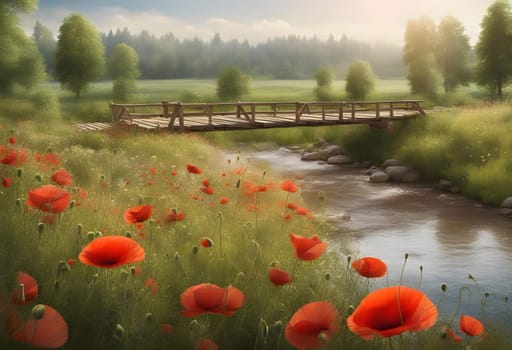 Red poppy flowers meadow, river, wooden bridge above it. Romance Generate AI