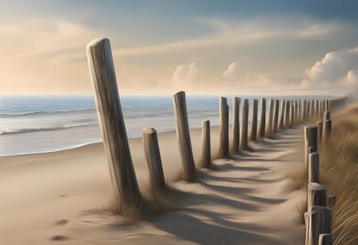 Romance on the beach, a long breakwater of old low wooden poles runs from the beach to the sea, obliquely from an angle, photorealistic Generate AI