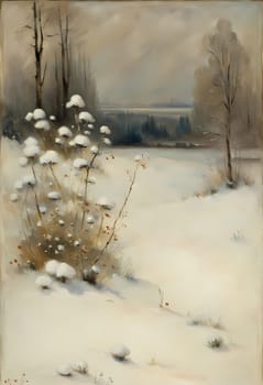 snowy flowers in a winter landscape, a quiet frosty corner of the forest in an impressionist style. A frozen bunch of flowers in the snow Generate AI