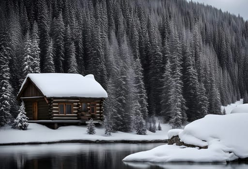 A lakeside cabin in the woods is one of the most photogenic spots in the Canadian Rockies. It is located in the middle of nowhere between the mountains. Generate AI