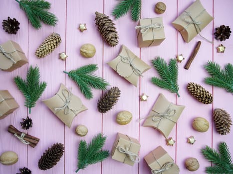 Christmas and New Year decorations on a wooden background. Beautiful background. Copy space.