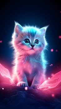 Adorable kitten with blue, white, and pink lights - neon lighting effect - AI Generative