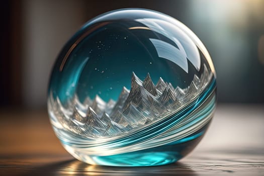 Transparent crystal ball on a wooden table. ai generative