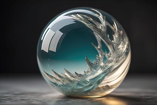 Transparent crystal ball on a wooden table. ai generative