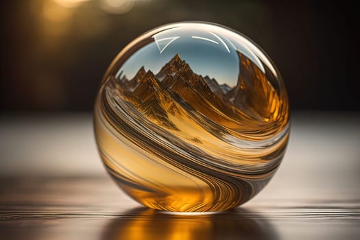 Transparent crystal ball on a wooden table. ai generative