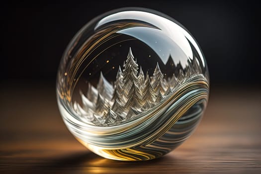 Transparent crystal ball on a wooden table. ai generative