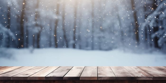 Empty table in beautiful winter landscape, wood plank board in snow mountain outdoor comeliness