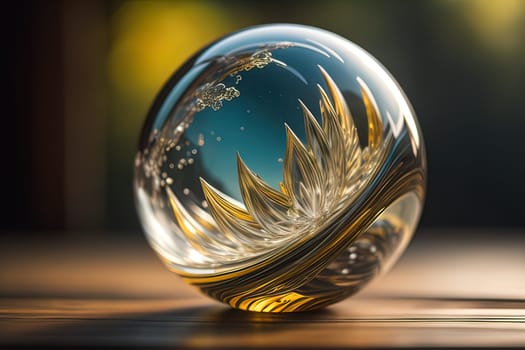 Transparent crystal ball on a wooden table. ai generative