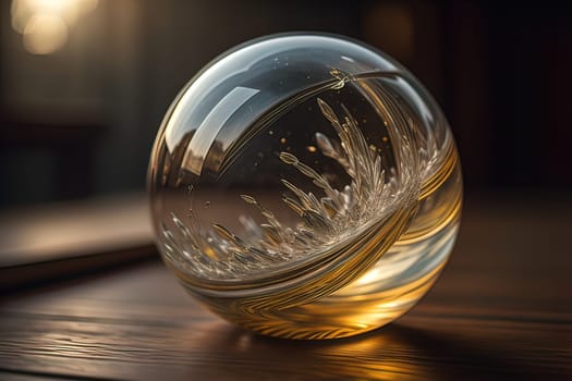 Transparent crystal ball on a wooden table. ai generative