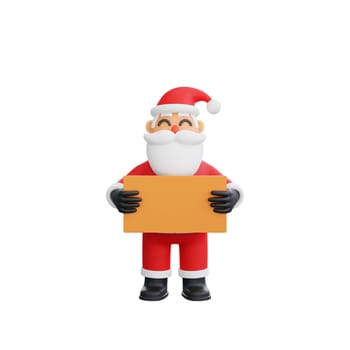 3D rendering Santa Claus holding a blank board, ready for your custom holiday messages or advertisements. Perfect for holiday themed designs and Christmas celebrations