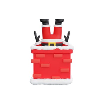 3D rendering Santa Claus legs sticking out of a snow covered chimney. Perfect for holiday themed designs and Christmas celebrations