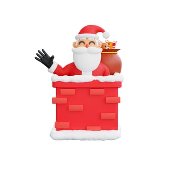 3D rendering Santa Claus cheerfully waving from a red brick chimney, with a sack full of presents on his back, ready to spread joy and happiness. Perfect for holiday themed designs and Christmas celebrations