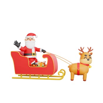 3D rendering Santa Claus and a reindeer in sleigh. Perfect for holiday themed designs and Christmas celebrations