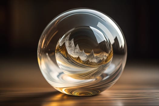 Transparent crystal ball on a wooden table. ai generative