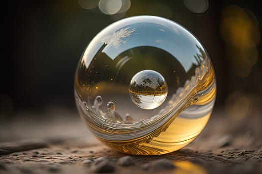 Transparent crystal ball on a wooden table. ai generative