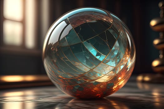 Transparent crystal ball on a wooden table. ai generative