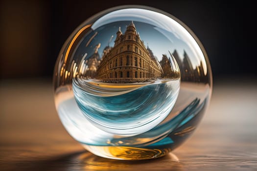 Transparent crystal ball on a wooden table. ai generative