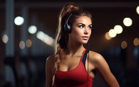 Beautiful girl runner in headphones. A young athletic woman listens to music on headphones and gets ready for a cardio workout. Healthy lifestyle, concept of a beautiful and healthy body. AI