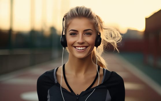 Beautiful blonde girl runner in headphones. A young athletic smiling woman listens to music on headphones and gets ready for a cardio workout. Healthy lifestyle, concept of a beautiful and healthy body. AI
