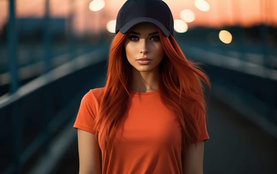 Portrait of a sexy young girl with fiery red hair in an orange T-shirt and a black cap outdoors near the track isolated. AI