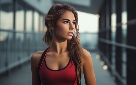 Beautiful girl runner in red top. A young athletic woman gets ready for a cardio workout. Healthy lifestyle. AI