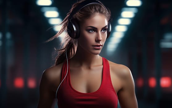 Beautiful girl runner in headphones. A young athletic woman listens to music on headphones and does cardio workout at the gym. Healthy lifestyle. AI