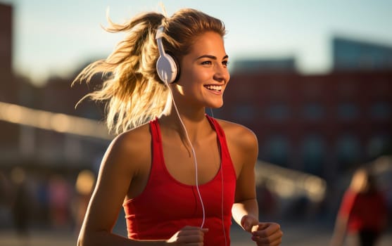 Beautiful girl runner in headphones at stadium. Young athletic woman listens to music on headphones and gets ready for a cardio workout. Healthy lifestyle, concept of a beautiful and healthy body. AI