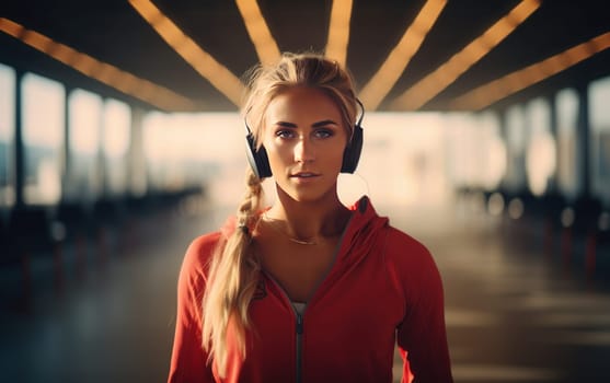 Beautiful girl runner in headphones. A young athletic woman listens to music on headphones and does cardio workout. Healthy lifestyle. AI