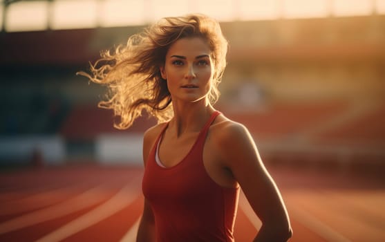 Beautiful girl runner in headphones at stadium. Young athletic woman gets ready for a cardio workout. Healthy lifestyle, concept of a beautiful and healthy body. AI