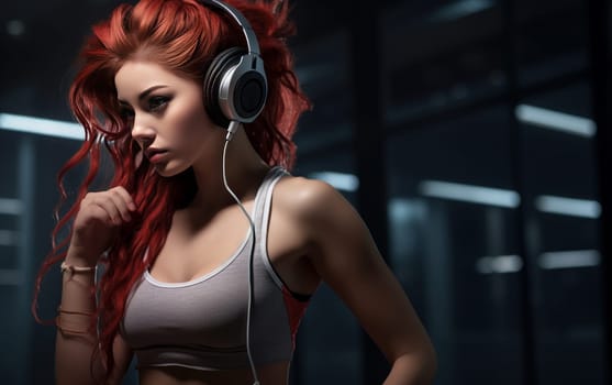 Beautiful girl runner in headphones. A young athletic woman listens to music on headphones and does cardio workout. Healthy lifestyle. AI