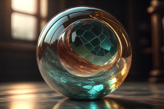 Transparent crystal ball on a wooden table. ai generative