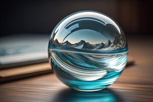 Transparent crystal ball on a wooden table. ai generative