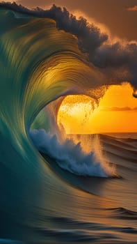 Beautiful wave in the ocean at sunset. 3D illustration.Surfing ocean wave at sunset time. 3D Rendering.Surfing ocean wave at sunset. Beautiful natural background.Beautiful sunset on the beach with a wave in the foreground.