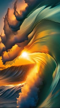 Beautiful wave in the ocean at sunset. 3D illustration.Surfing ocean wave at sunset time. 3D Rendering.Surfing ocean wave at sunset. Beautiful natural background.Beautiful sunset on the beach with a wave in the foreground.