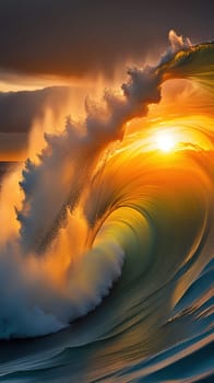 Beautiful wave in the ocean at sunset. 3D illustration.Surfing ocean wave at sunset time. 3D Rendering.Surfing ocean wave at sunset. Beautiful natural background.Beautiful sunset on the beach with a wave in the foreground.