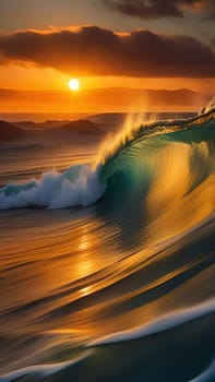 Beautiful wave in the ocean at sunset. 3D illustration.Surfing ocean wave at sunset time. 3D Rendering.Surfing ocean wave at sunset. Beautiful natural background.Beautiful sunset on the beach with a wave in the foreground.