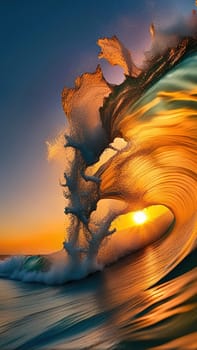 Beautiful wave in the ocean at sunset. 3D illustration.Surfing ocean wave at sunset time. 3D Rendering.Surfing ocean wave at sunset. Beautiful natural background.Beautiful sunset on the beach with a wave in the foreground.