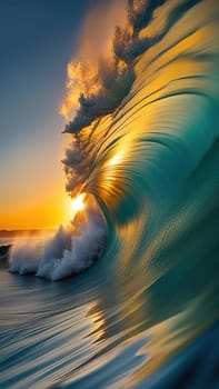 Beautiful wave in the ocean at sunset. 3D illustration.Surfing ocean wave at sunset time. 3D Rendering.Surfing ocean wave at sunset. Beautiful natural background.Beautiful sunset on the beach with a wave in the foreground.