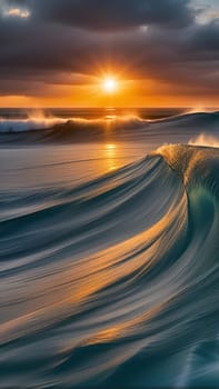 Beautiful wave in the ocean at sunset. 3D illustration.Surfing ocean wave at sunset time. 3D Rendering.Surfing ocean wave at sunset. Beautiful natural background.Beautiful sunset on the beach with a wave in the foreground.