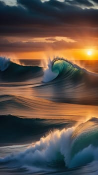 Beautiful wave in the ocean at sunset. 3D illustration.Surfing ocean wave at sunset time. 3D Rendering.Surfing ocean wave at sunset. Beautiful natural background.Beautiful sunset on the beach with a wave in the foreground.