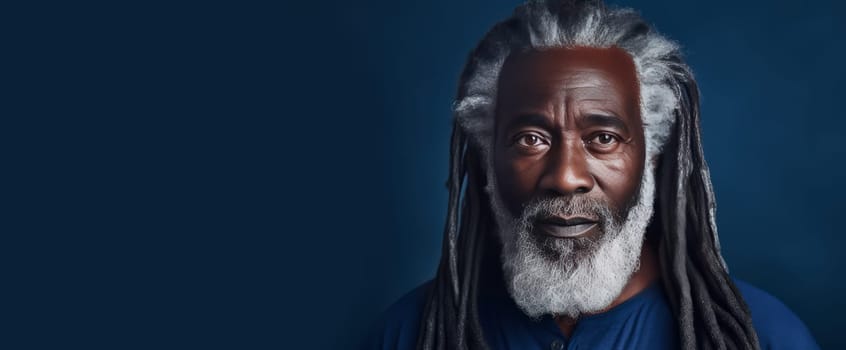 Handsome elderly black African American man with long dreadlocked hair, dark blue background, banner. Advertising of cosmetic products, spa treatments, shampoos and hair care products, dentistry and medicine, perfumes and cosmetology for senior men.