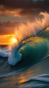 Beautiful wave in the ocean at sunset. 3D illustration.Surfing ocean wave at sunset time. 3D Rendering.Surfing ocean wave at sunset. Beautiful natural background.Beautiful sunset on the beach with a wave in the foreground.